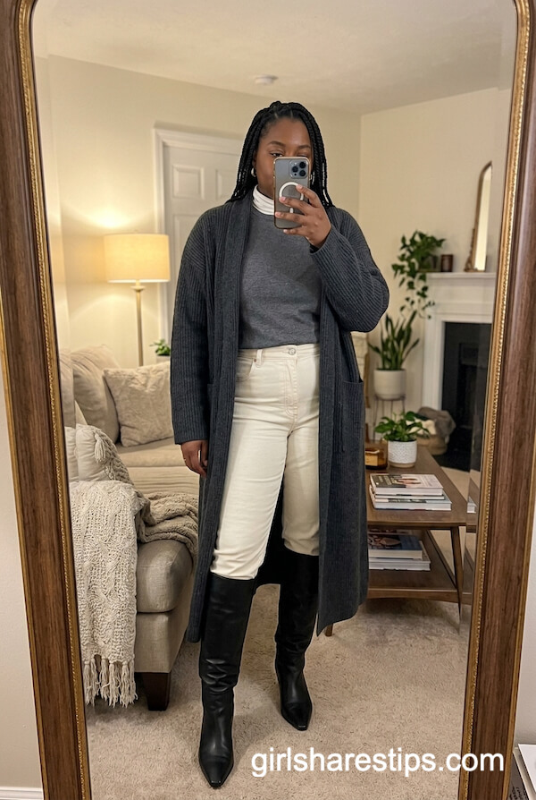 Long Cardigan With Turtleneck and Tall Boots