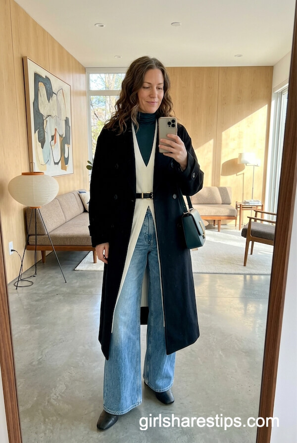 Long Cardigan, Belt, Trench, and Wide-Leg Jeans