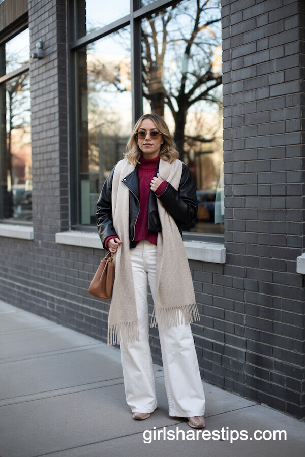 Leather Jacket and Scarf With Wide-Leg Pants
