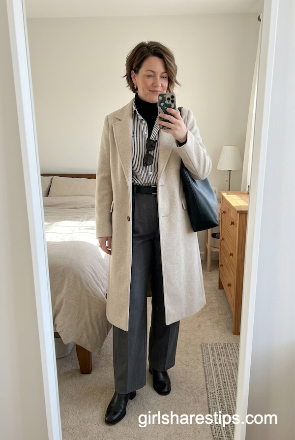 Beige Coat With Striped Shirt Layered Style