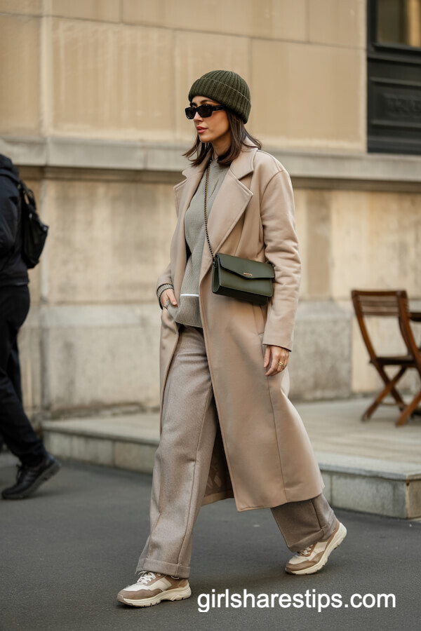 Oversized Beige Coat and Wide-Leg Trousers for Winter