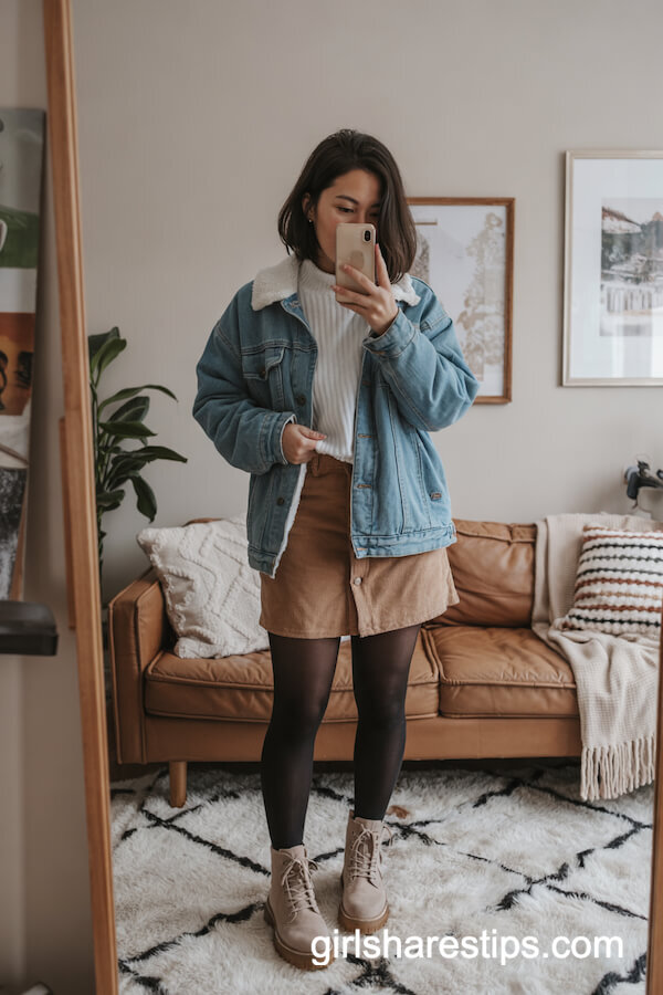 Sherpa Denim Jacket With Skirt and Chunky Boots