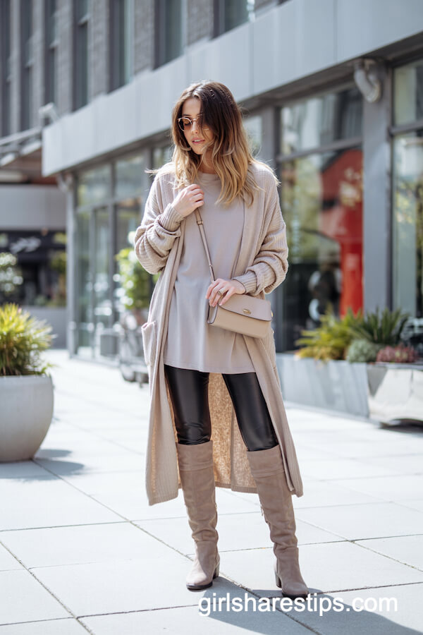 Oatmeal Cardigan Over Leggings and Knee Boots