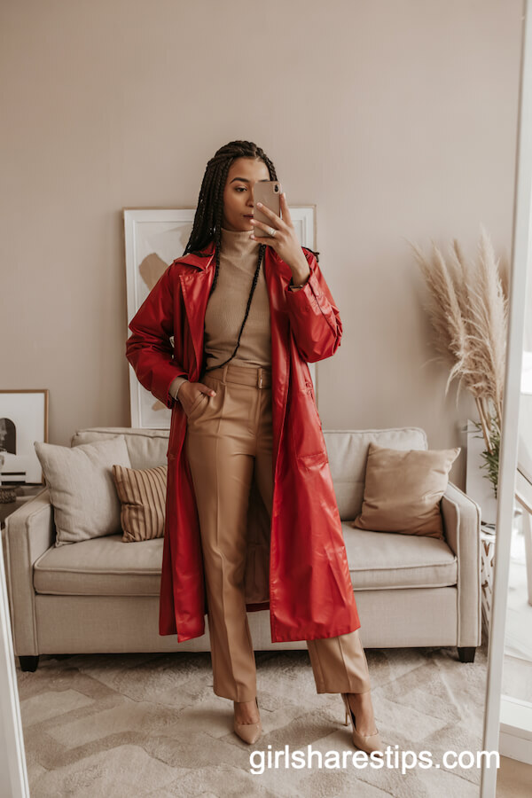 Red Long Coat With Trousers for Bold Winter Style