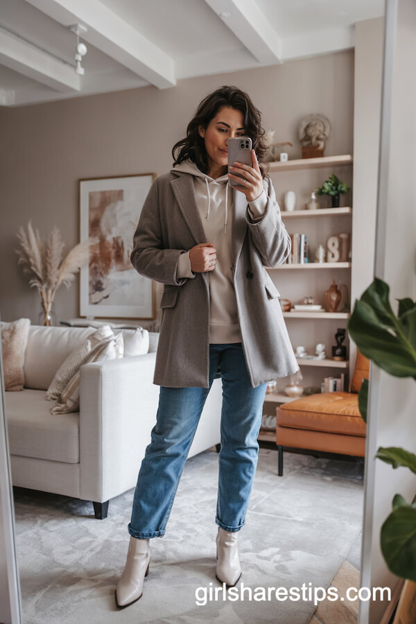 Gray Wool Coat With Hoodie and Straight Jeans