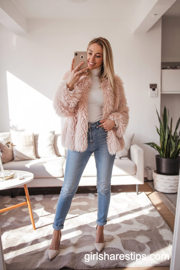 Blush Faux Fur Jacket With Skinny Jeans