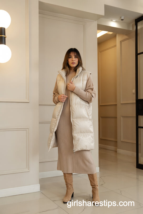 Cream Puffer Vest Over Sweater Dress and Suede Boots