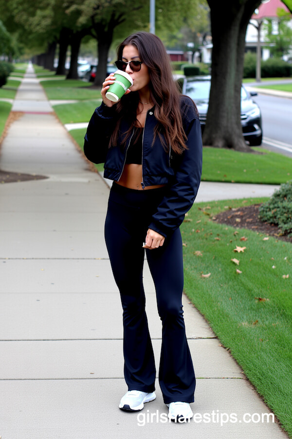 Black Flare Leggings with Cropped Jacket and Sneakers