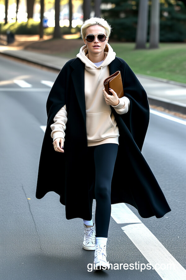 Black Leggings with Cape Coat and Cream Hoodie
