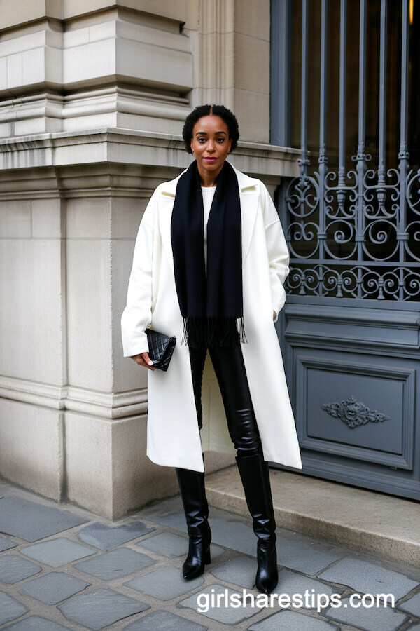 Black Leggings with White Wool Coat and Knee-High Boots