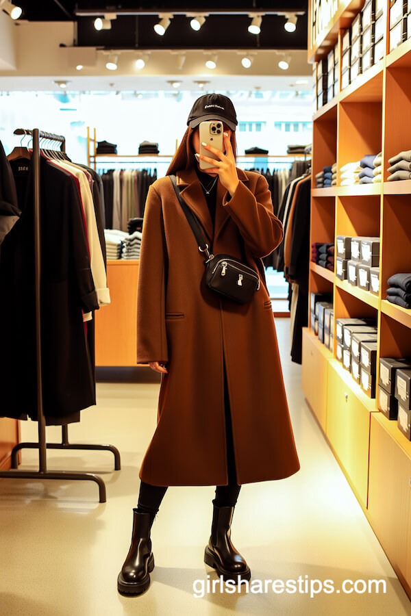Black Leggings with Long Brown Coat and Chelsea Boots