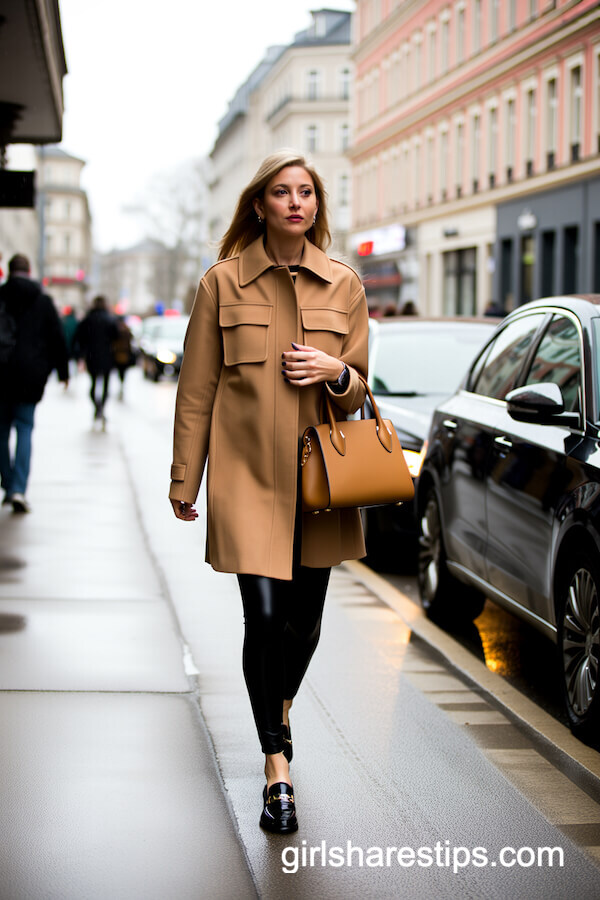 Black Leggings with Camel Utility Coat and Loafers