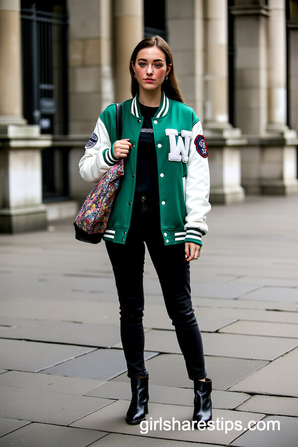 Black Leggings with Green Varsity Jacket