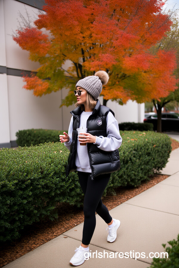 Black Leggings with Puffer Vest and Gray Sweatshirt