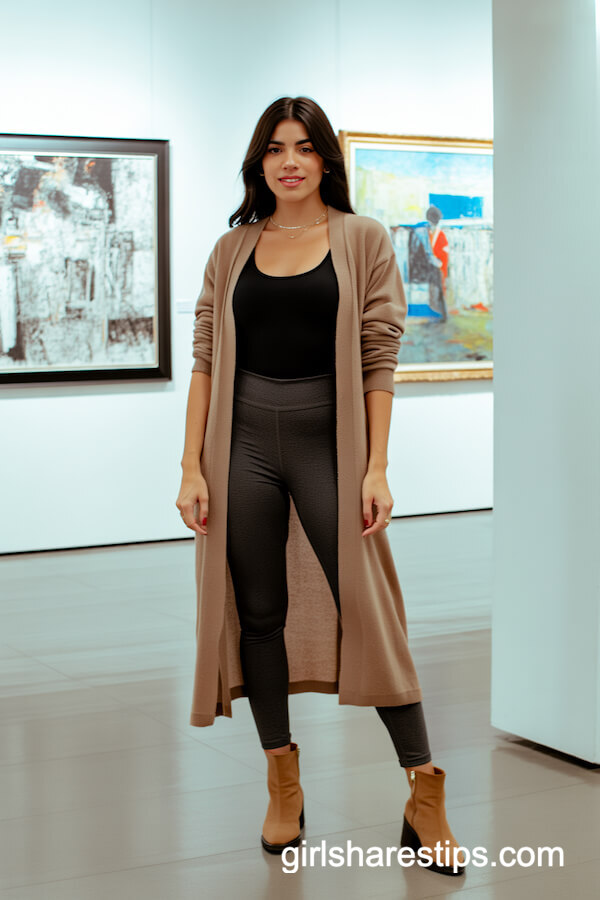 Charcoal Leggings with Bodysuit and Long Beige Cardigan