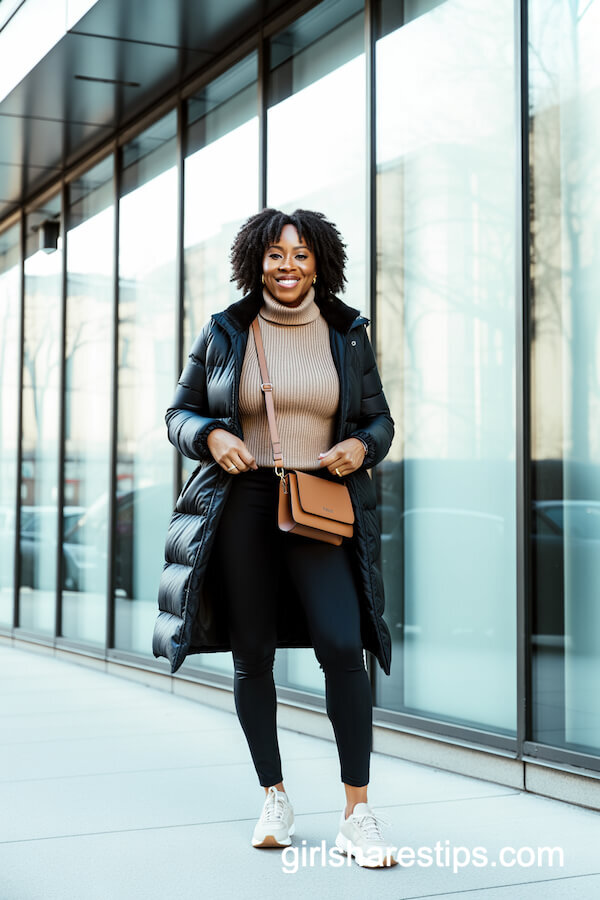 Black Thermal Leggings with Turtleneck and Long Puffer Coat