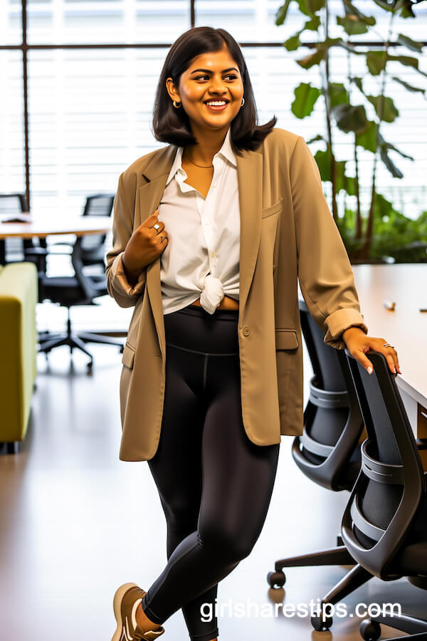 Black High-Waisted Leggings with White Shirt and Tan Blazer
