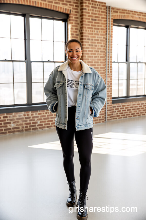 Black Thermal Leggings with Graphic T-Shirt and Denim Jacket