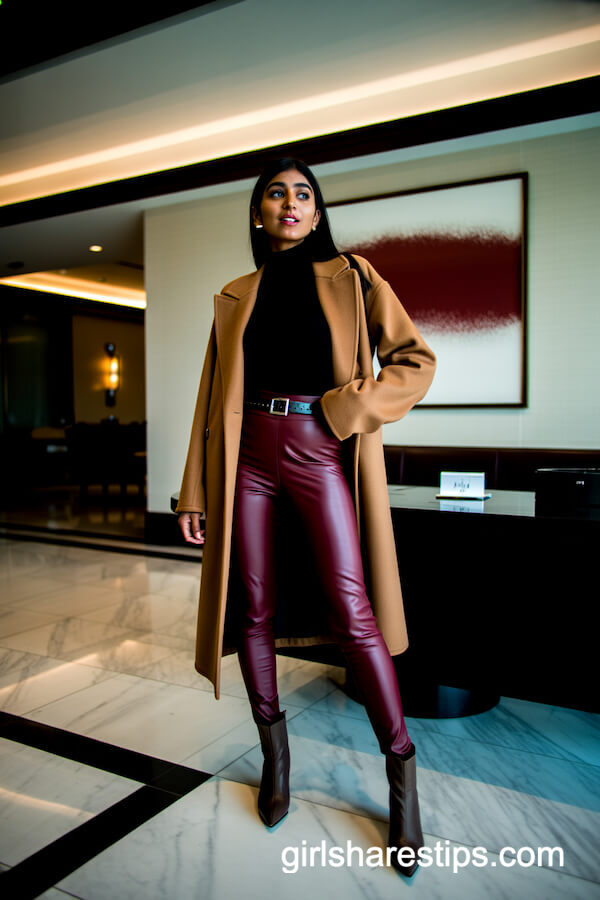Burgundy Leggings with Black Turtleneck and Wool Coat