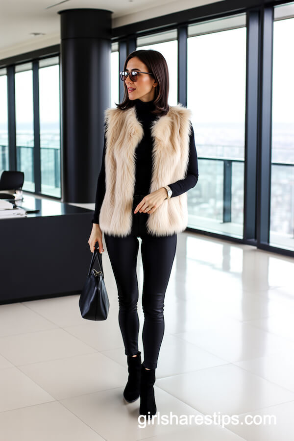 All Black Outfit with Faux Fur Vest and Leggings