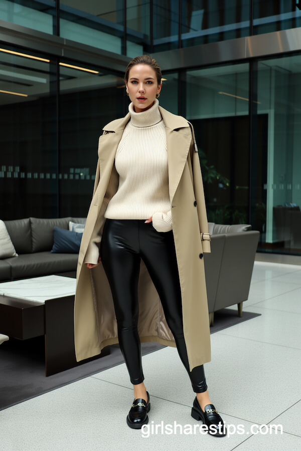 Black Leggings with Cream Turtleneck and Trench Coat
