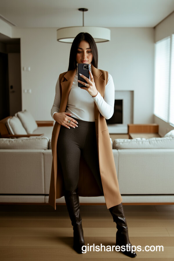 Charcoal Leggings with White Turtleneck and Camel Vest