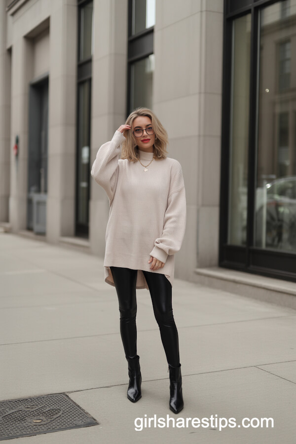 & Black Leggings with Oversized Cream Sweater and Ankle Boots