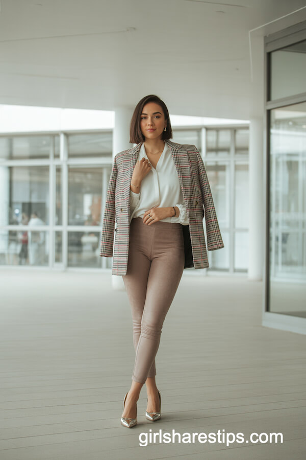 Taupe Faux Suede Leggings and Plaid Blazer
