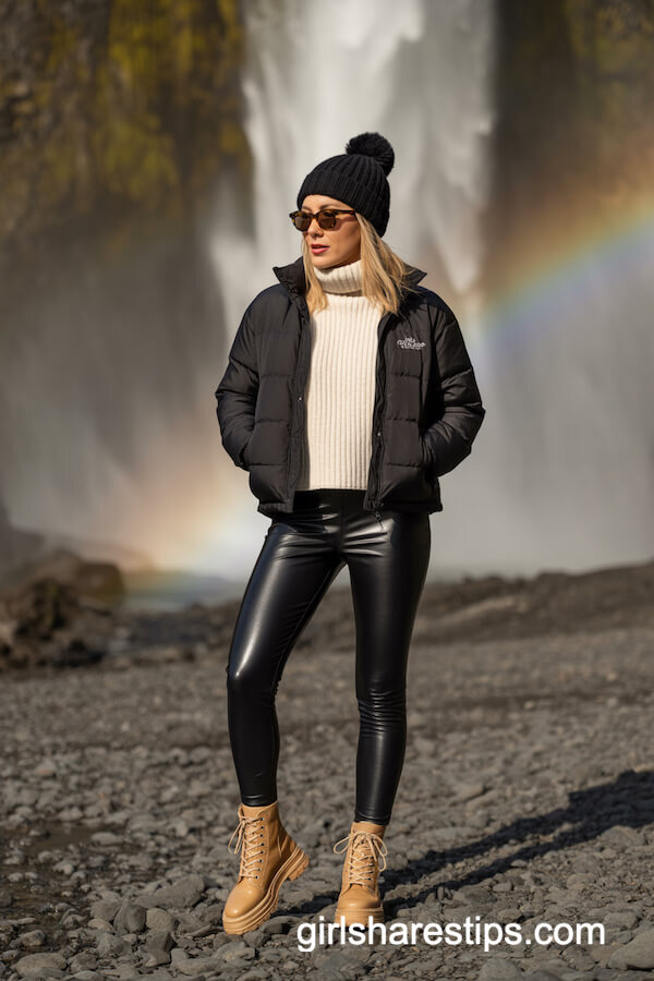 Leather Leggings, Puffer Jacket, and Combat Boots at Waterfall