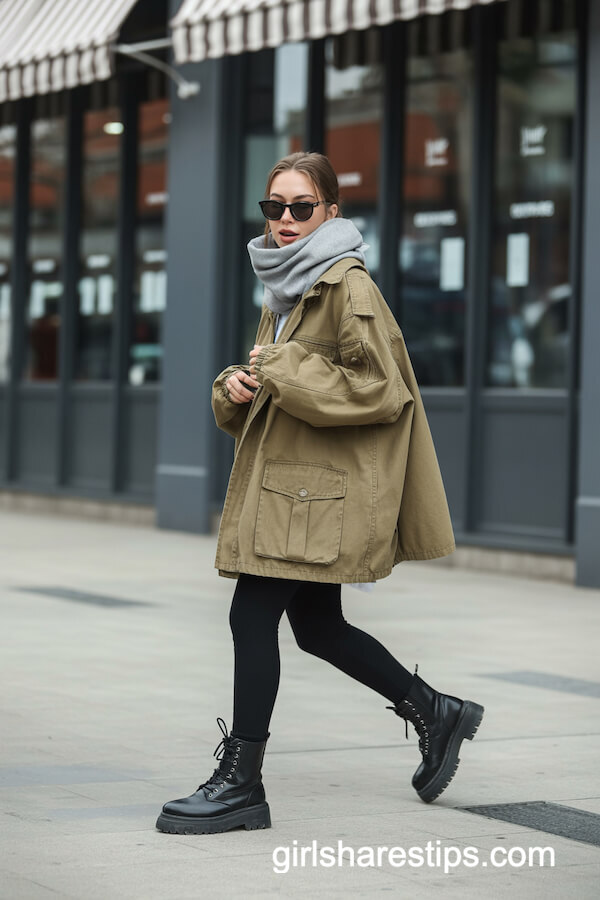 Oversized Khaki Jacket with Leggings and Combat Boots