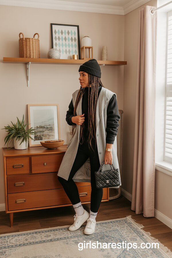 Layered Black and Gray Leggings Outfit