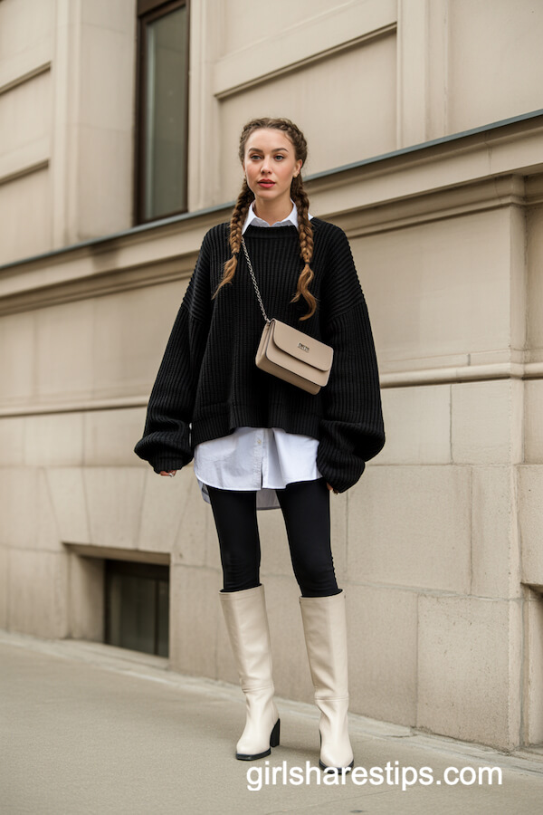 Chunky Knit Sweater, White Boot, and Black Leggings