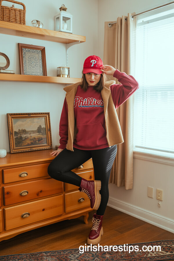 Shearling Vest, Burgundy Sweatshirt, and Black Leggings