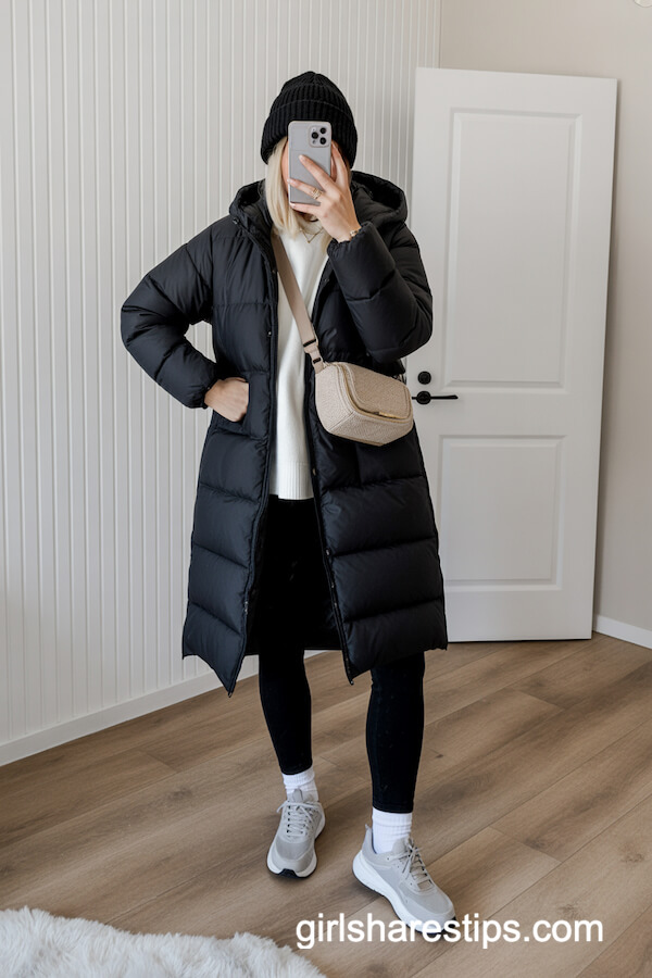 Long Puffer Coat, Leggings, and Beanie Selfie