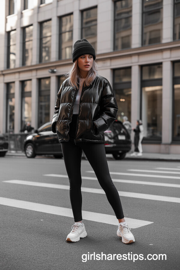 Fleece-Lined Leggings and Shiny Puffer Jacket
