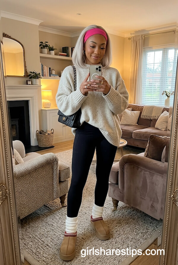 Oversized Sweater, Leggings, and UGG Tasman Slippers