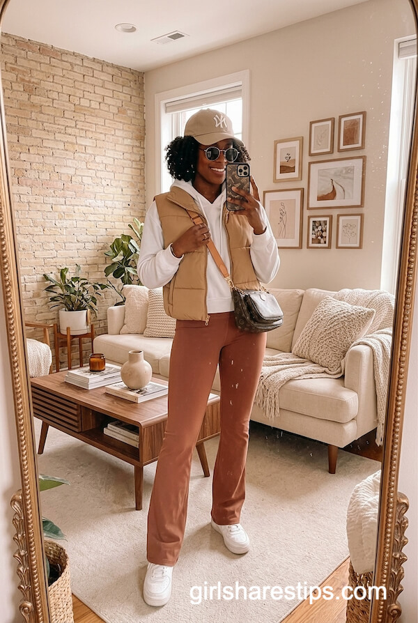 Brown Puffer Vest with Brown Flared Leggings