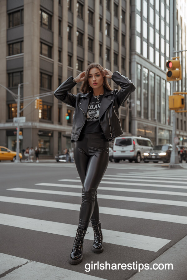 Black Moto Jacket, Graphic Tee, and Lace-Up Boots