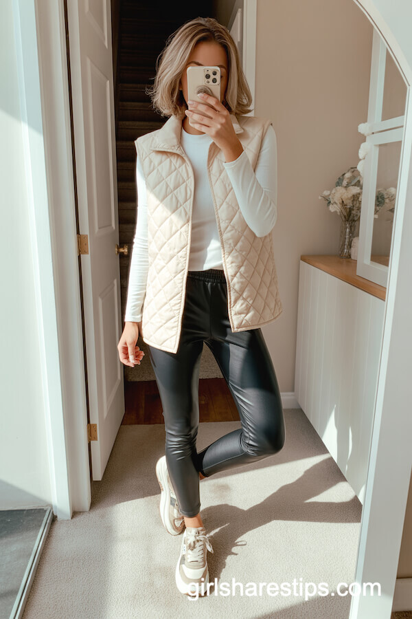 Leather Leggings, Quilted Vest, and White Thermal Top