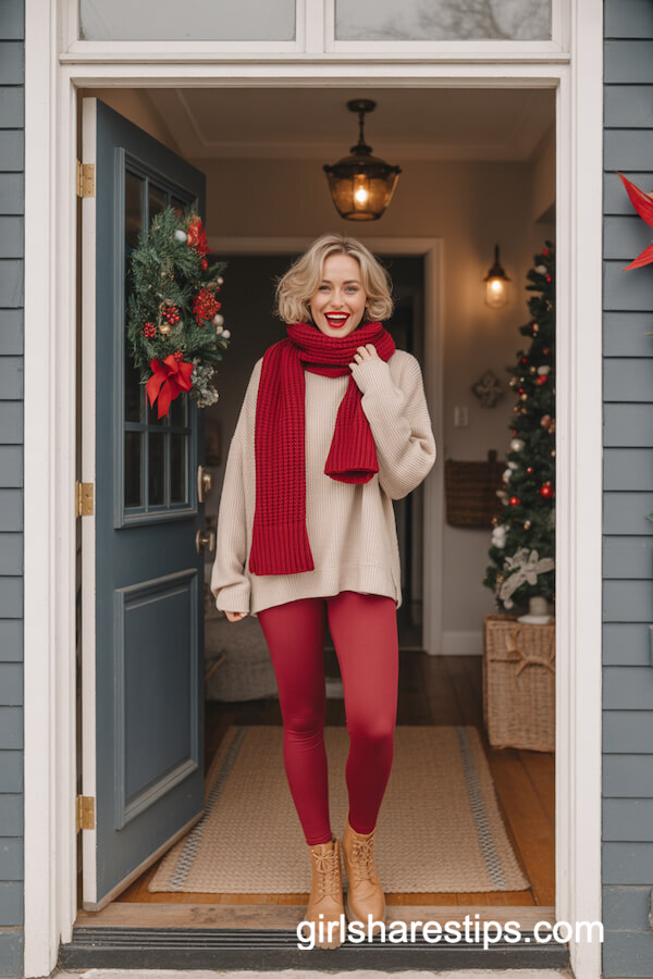 Festive Red Leggings with Cream Sweater and Tan Boots