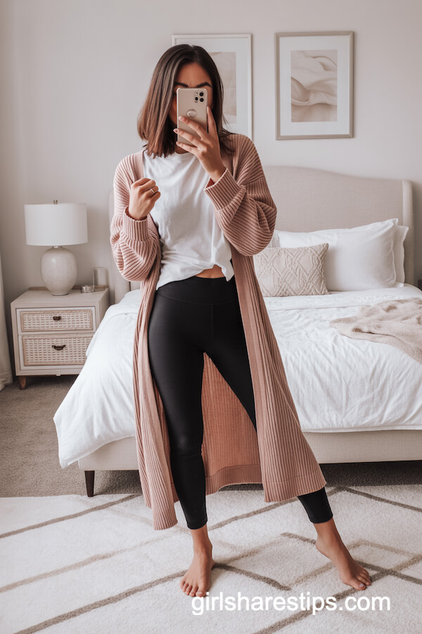 Leggings with White Tee and Blush Cardigan