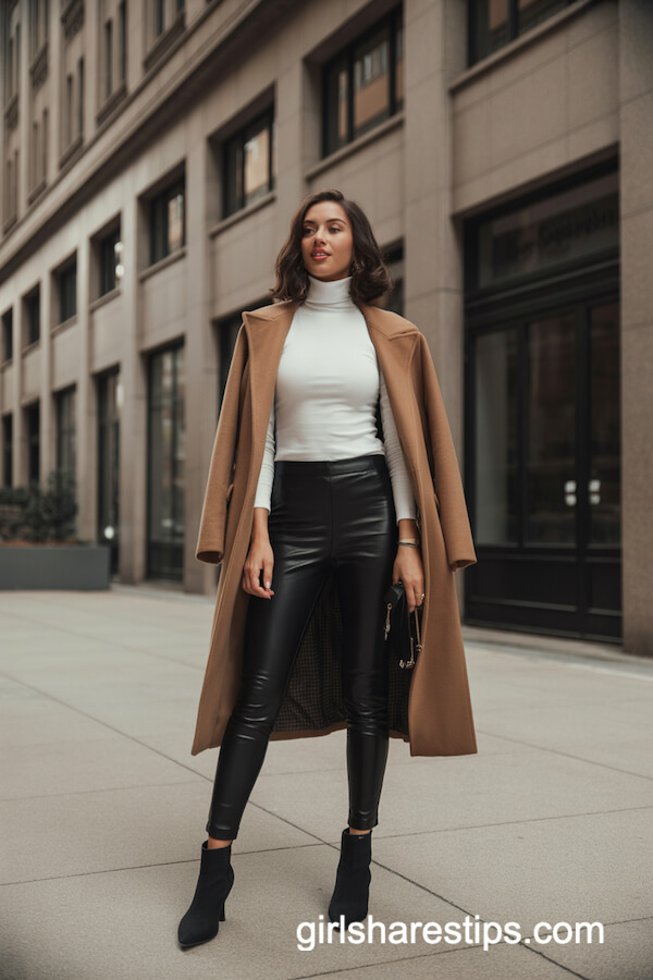 Jet-Black Leggings and Camel Wool Coat