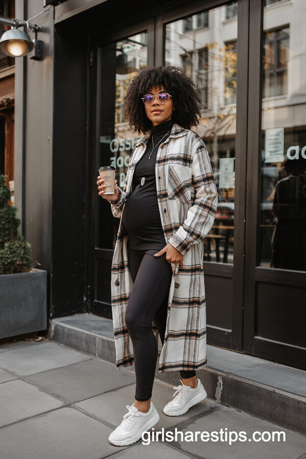 Black Turtleneck, Plaid Shacket & Leggings