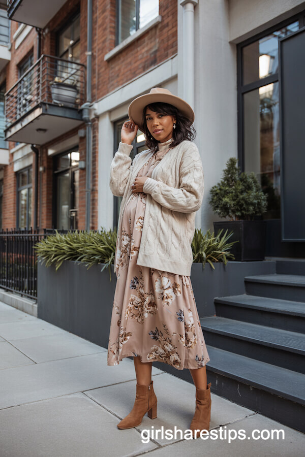 Sweater Over Floral Midi Dress & Boots