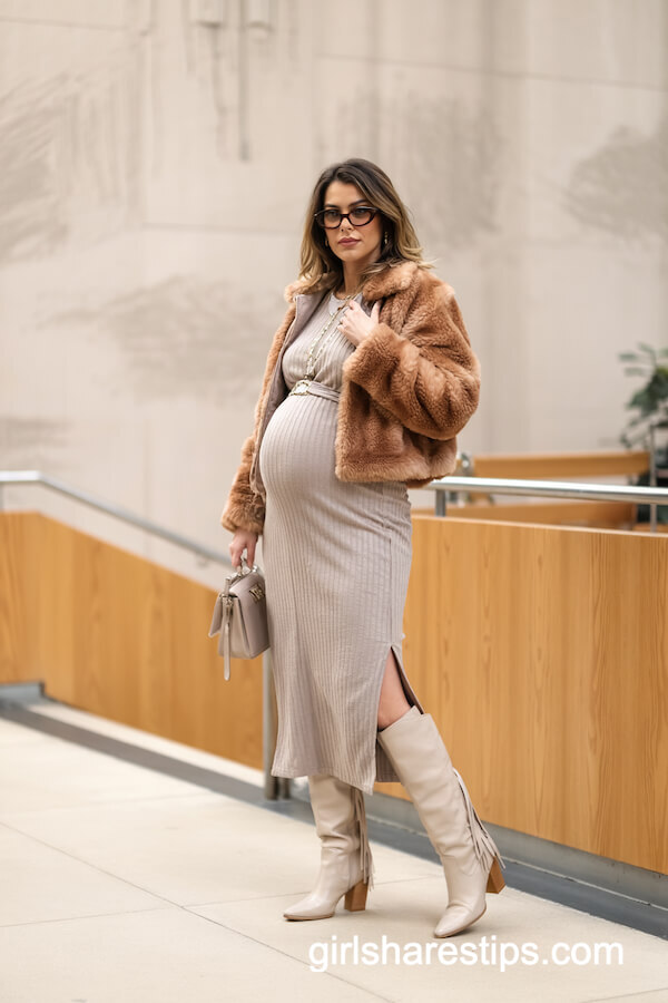Ribbed Midi Dress & Faux Fur Cropped Jacket