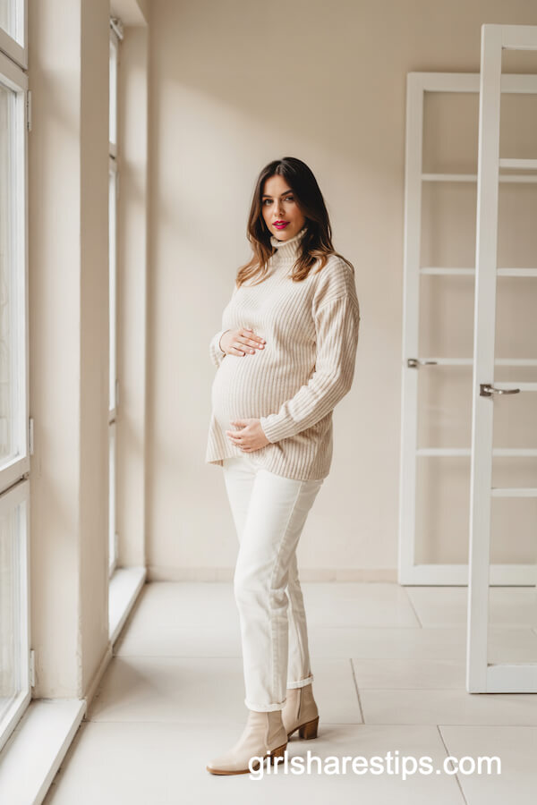 All-White Maternity Ensemble with Ankle Boots