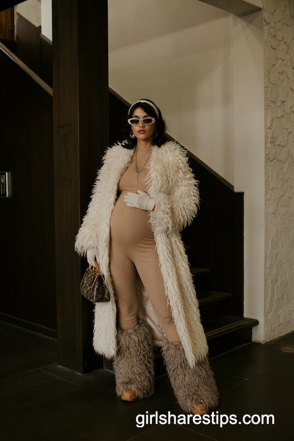 White Faux Fur Coat & Brown Jumpsuit