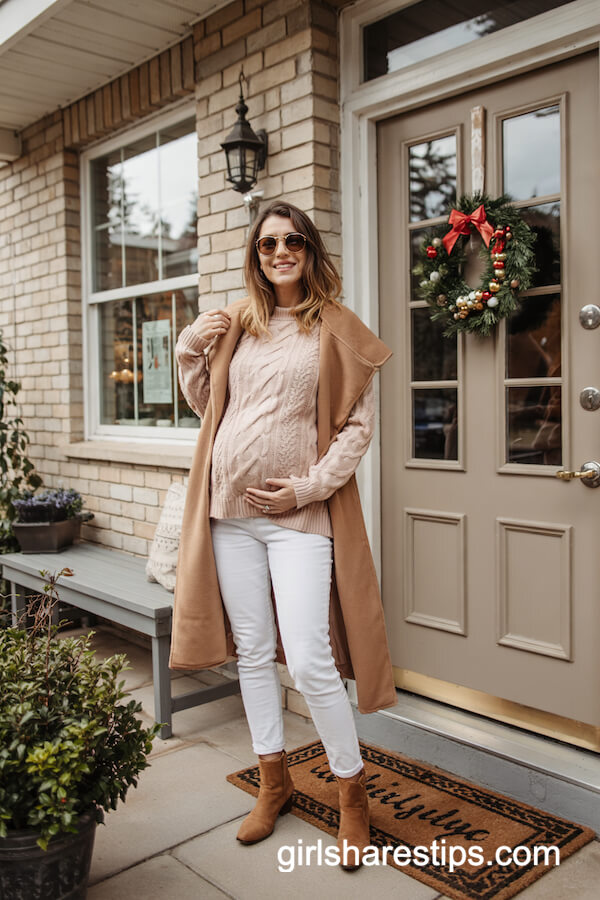 Pink Sweater & Camel Coat With White Jeans