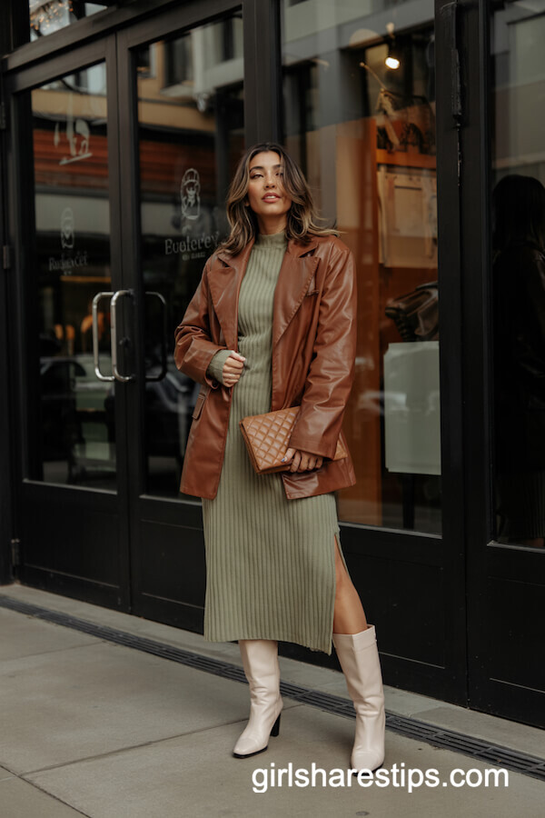 Sage Sweater Dress & Leather Blazer Combo