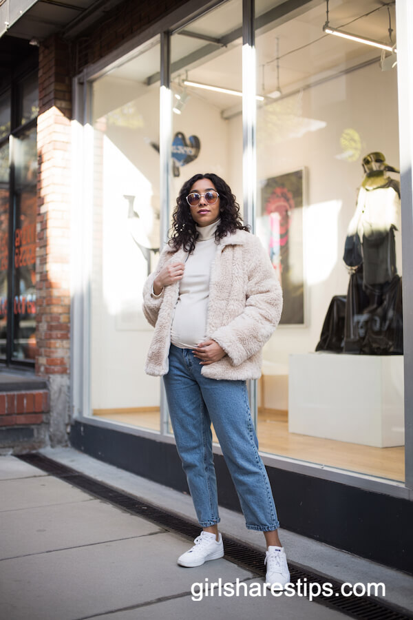 Cream Faux Fur Jacket & Turtleneck with Jeans
